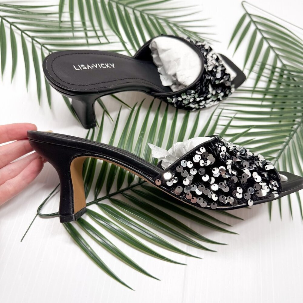 Lisa Vicky Sequin Slide Mule Heels 8.5 Black Silver Party Dressy Shoes NWT Shiny - Picture 9 of 11